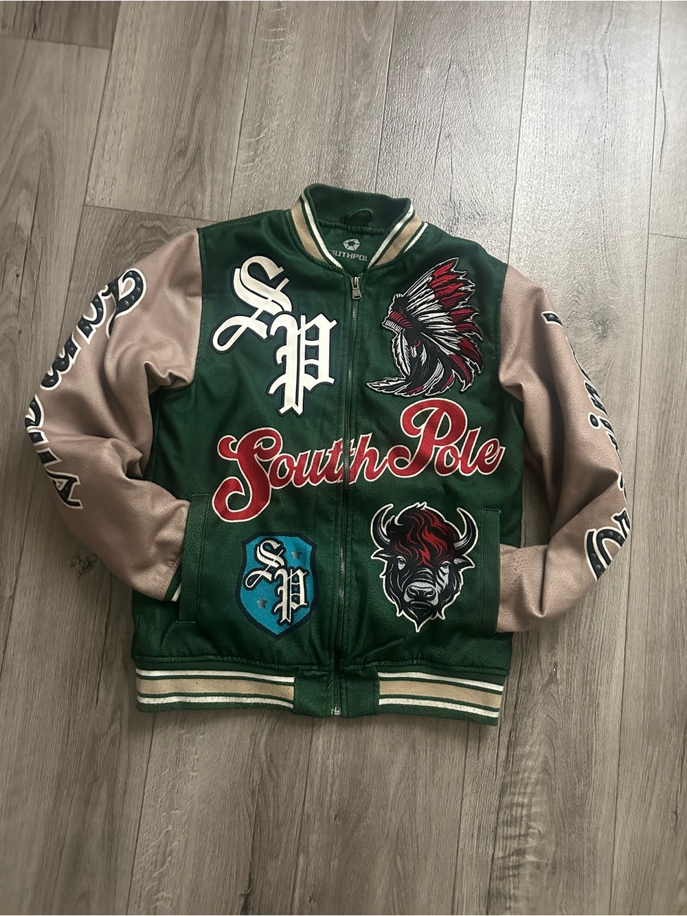 South Pole Green & Tan Embroidered Varsity Jacket for Kids